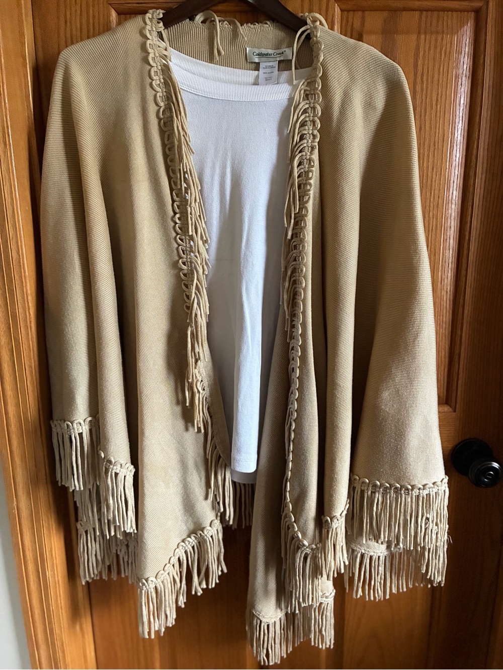 Coldwater Creek Camel Fringe Open-Front Cape
